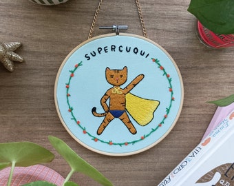 Embroidery hoop "Supercute", 17 cm hand embroidered hoop, wall hanging