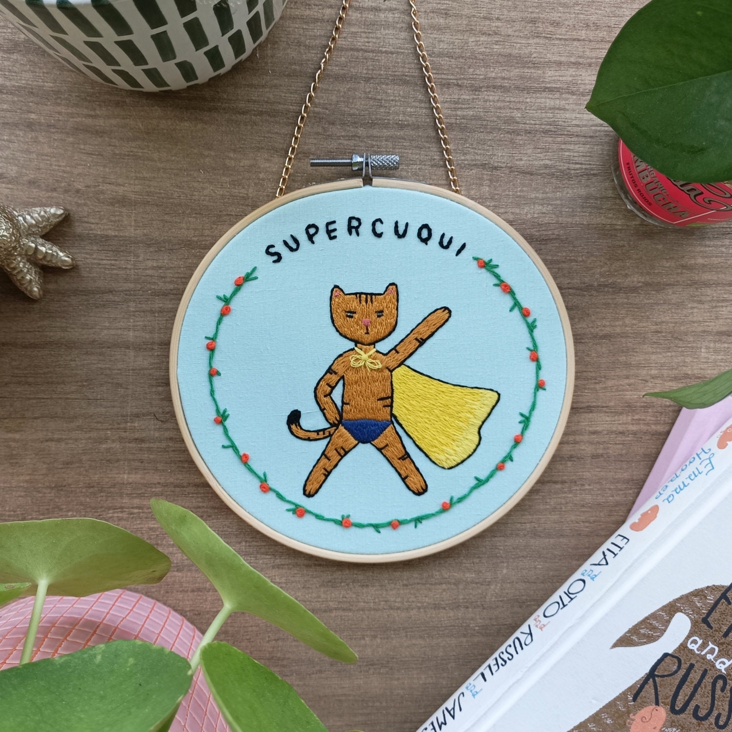 Embroidery hoop "Supercute", 17 cm hand embroidered hoop, wall hanging