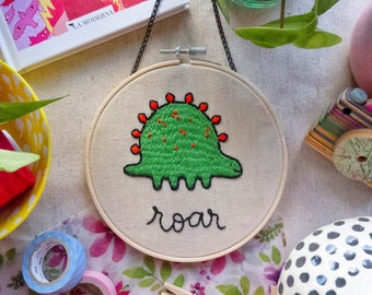 Embroidery hoop "Dino", 16 cm hand embroidered hoop, wall hanging
