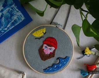 Embroidery hoop "Sailor", 15 cm hand embroidered hoop, wall hanging