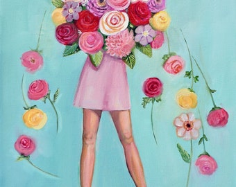 So Much to Give | Fine Art Print | Woman Holding Flowers Art Print, Feminine Wall Art Print, Happy Art Print, Art Print Gift Woman Abundance