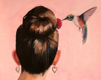 Feminine Art Print, Wall Art Hummingbird Woman, Print Hummingbird Heart Earring,   Art Print Woman Hummingbird,  Feminine Art, Female Art