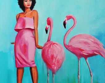 Women Wall Art, Pink Flamingos Print, Feminine Art Print, Happy Woman Print,  Feminine Art, Pink Dress Pink Flamingos Print, Feminine Art