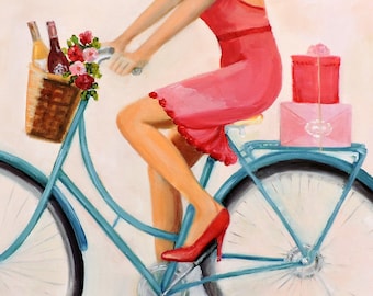 Wall Art Party Girl, Woman Ready for a Party Riding Her Bike, Flower Wine Gifts Fun Dress Shoes, Feminine Art Print, Female Art, Happy Art