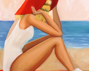 Retro Beach Art Print, Woman Beach Wall Art, Feminine Beach Art Print