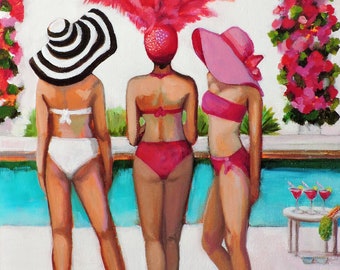 Art Print | Summer Hats | Women Wall Art, Whimsical Art Print, Happy Woman Print, Friends Art Gift, Woman Swimsuit Print, Happy