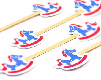 10 Handmade Retro Rocking Horse Red & Blue Twist Ties//Party Favours//Christening//Baby Shower//Birthday//Party Decoration//Kraft Twist Tie