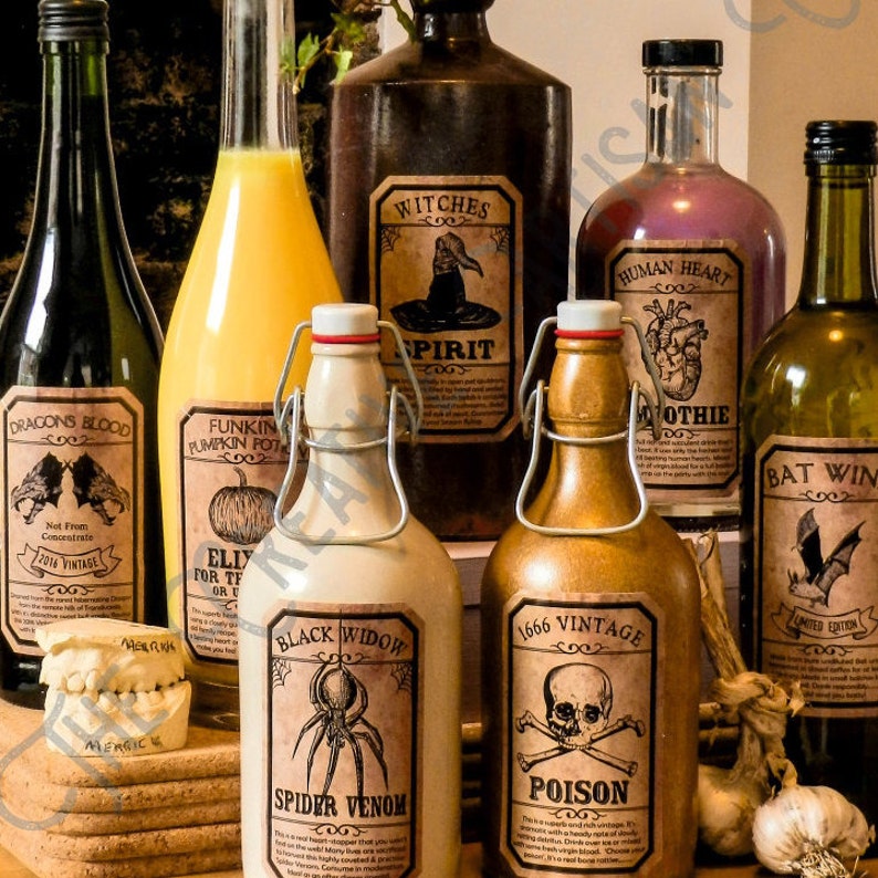 Set Of 7 Unique Handmade Funny & Spooky Vintage Halloween drink bottle labels