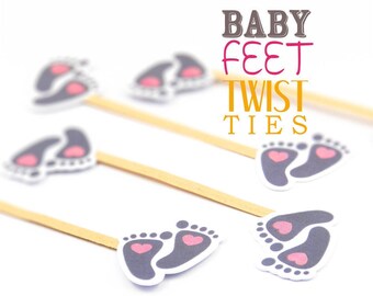 10 Handmade Pink Heart Baby Feet Twist Ties//Party Favours//Christening//Baby Shower//Birthday//Party Decoration//Kraft Twist Tie