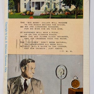 Carte postale de 1940, lieu de naissance de Will Rogers, antique vintage Washington, estampée datée