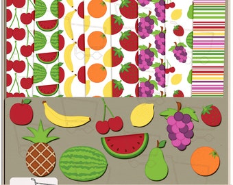Fruit Patterned Papers Clipart Graphics Digital Papers Commercial Use, Instant Download