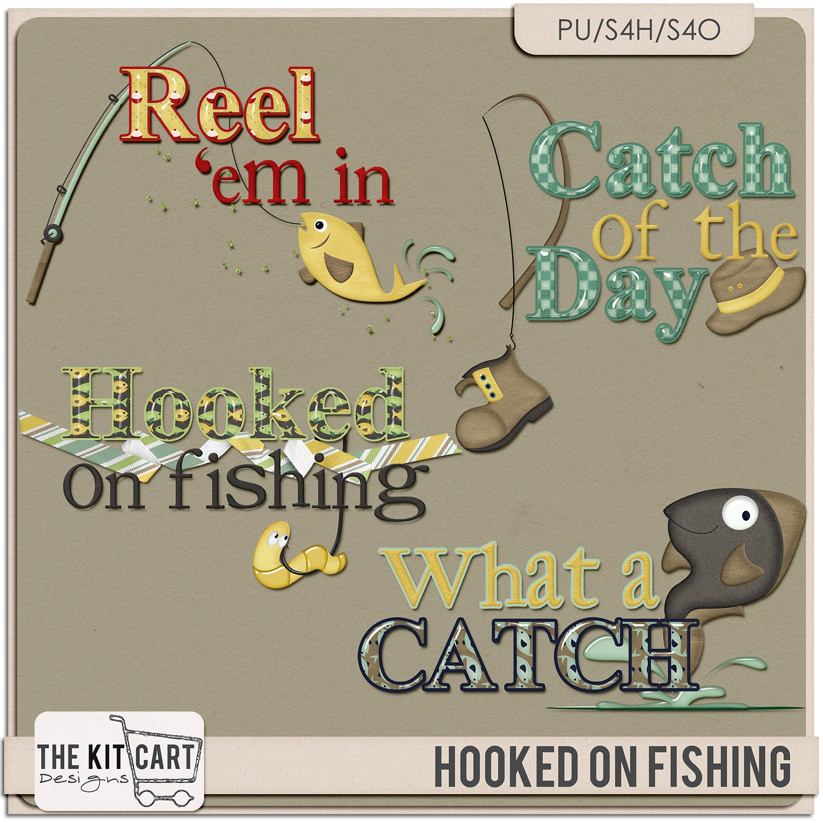 Hooked on Fishing Digital Scrapbook Word Art Etsy