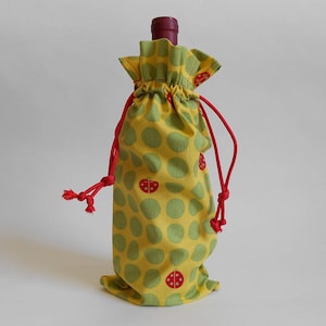 Lady Bug Fabric Wine Bag, Bottle Bag, Gift Bag with Drawstring