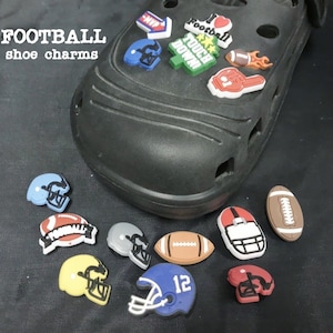 Football themed shoe charms, shoe clips, helmets, touchdown, number 1, footballs, ball, sports, goal, gifts for him, gifts for her, birthday