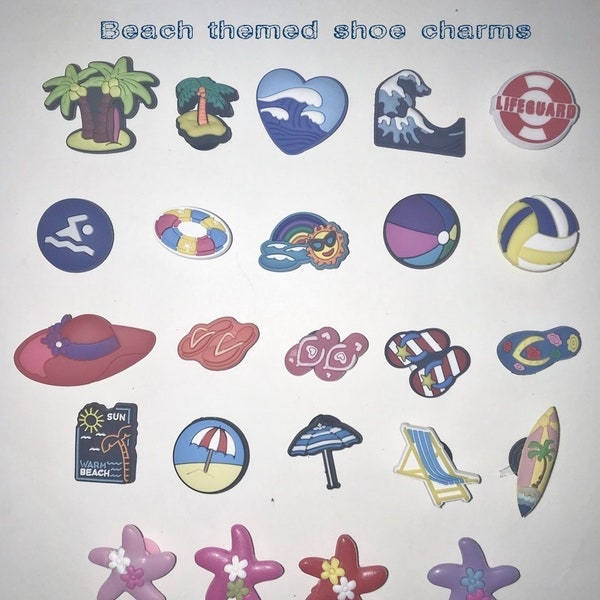 Beach themed shoe charms, waves, umbrella, flip flops, balls, palm trees, swimmer, starfish, choose your own or order by the set, unbranded