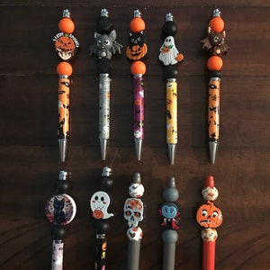 Halloween beaded pens, fall pens, spooky, ghosts, boo, cat, pumpkin, bats, Dracula, scary, horror, gifts, clearance