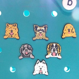 May include: Six different dog breed charms, each with a different color and design. The charms are made of a rubber-like material and are designed to be attached to a shoe or other item.