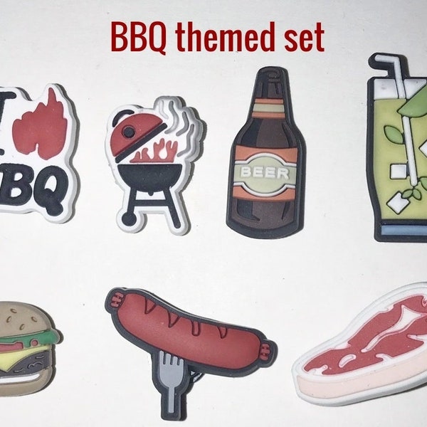 BBQ themed shoe charms, hamburger, beer, drinks, grill, barbeque,steak, hotdogs, bratwurst, order individually or by the set
