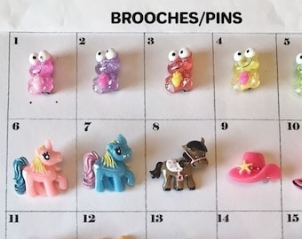 Children&#39;s ages 8 and up, zipper pulls, brooches, pins (turtle, frog, panda, pony, tiger, car, trains, heroes, bear, boots, hat)clearance