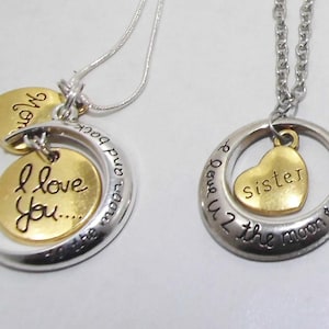 Love you more necklace, to moon, rear view mirror charm, mom, dad, daughter, son, grandson, granddaughter, sister, brother, grandma, grandpa