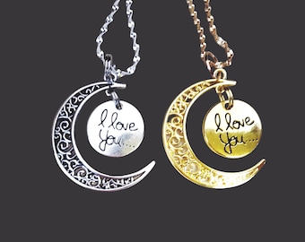 Collar de luna creciente «Te amo»: chapado en oro o plata