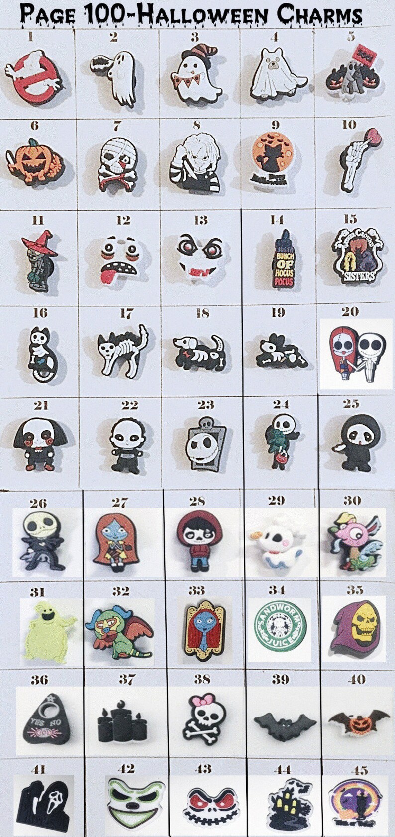 May include: A grid of 45 Halloween-themed shoe charms labeled Page 100-Halloween Charms. The collection features various icons including ghosts, skeletons, pumpkins, movie characters, bats, and skulls in diverse colors and shapes on a white background.