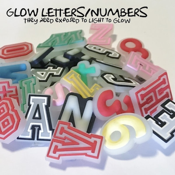 Glow letters, numbers shoe charms, unbranded party favor various colors, florescent, glow in the dark, gifts, bracelets, shoes, party favors