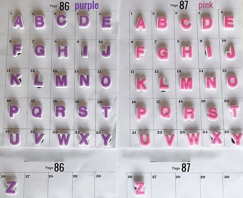 Puede incluir: Una cuadr&iacute;cula de letras del alfabeto en morado y rosa, cada una con un borde blanco. Las letras est&aacute;n dispuestas sobre un fondo blanco, con las palabras "purple" y "pink" en la parte superior. Tambi&eacute;n son visibles los n&uacute;meros de p&aacute;gina "86" y "87".