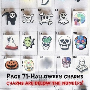 May include: A grid catalog titled PAGE 71-HALLOWEEN CHARMS displaying thirty-five numbered decorative shoe charms. The collection features various Halloween-themed icons including ghosts, skulls, pumpkins, bats, spiders, and skeletons in diverse colors.