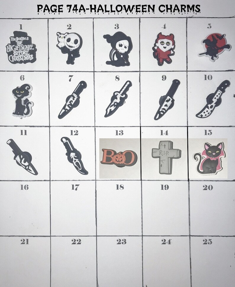 May include: A grid of Halloween-themed shoe charms labeled PAGE 74A-HALLOWEEN CHARMS. The collection includes icons like Jack Skellington, a grim reaper, a witch, various knives, a BOO sign with a pumpkin, a tombstone with R.I.P., and a black cat.