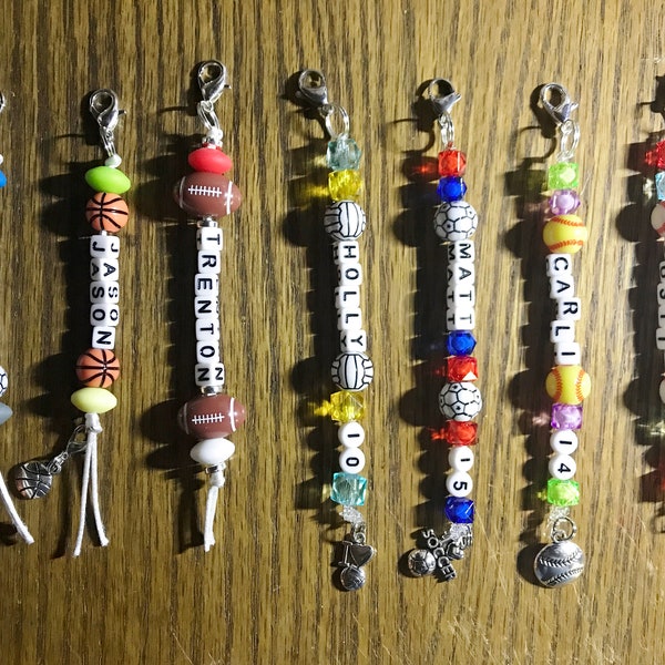 Keychain zipper pull personalized charms, sports, teams, schools, team colors, volleyball, football, basketball, soccer, softball, baseball