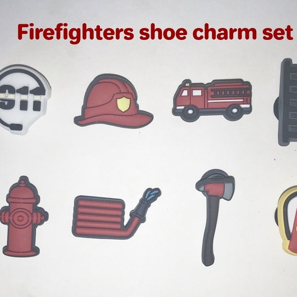 Fire department shoe charms, by the set or choose your own, ladder, firetruck, water hose, fireman hat, ax, hydrant, extinguisher, unbranded