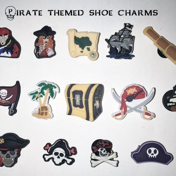 Pirate themed shoe charms, unbranded, treasure, skeleton, crossbones, ship, map, scarf, party favors, shoe clips, US seller, fast ship