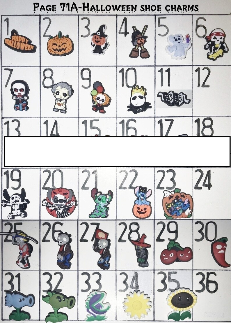 May include: A grid display labeled Page 71A-Halloween Shoe Charms featuring 36 numbered squares. The squares contain colorful, small, molded rubber shoe charms depicting various Halloween-themed characters, pumpkins, ghosts, and plant-like figures.