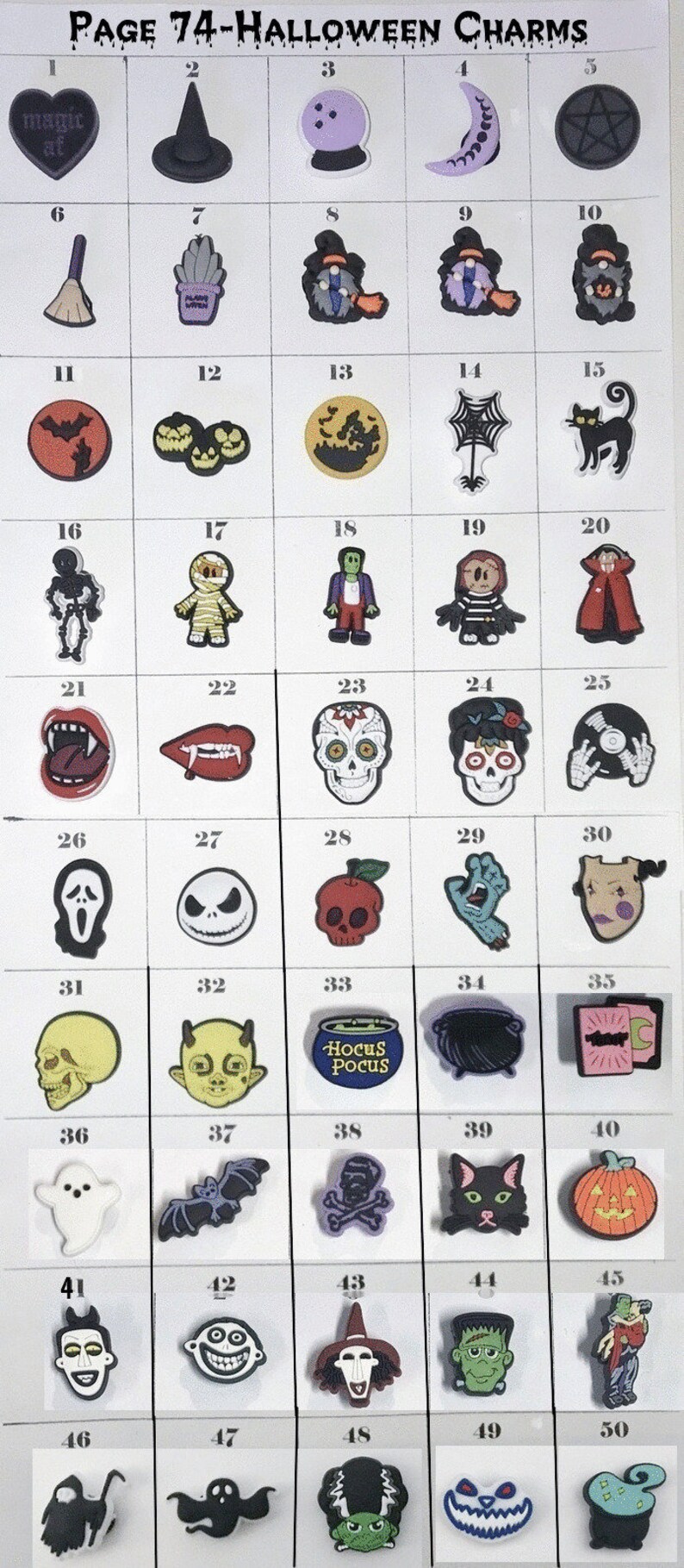 May include: A grid of fifty numbered Halloween-themed shoe charms featuring various designs including ghosts, pumpkins, skulls, witches, and monsters. Each charm is a small, colorful, molded figure with distinct icons like a Hocus Pocus cauldron.