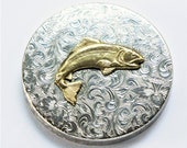 Vintage Montana Silversmiths German Silver Gold Plate Trout Salmon motif Snuff Tobacco Box Lid