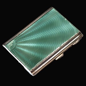 英国アールデコ調スターリングシルバー製シーフォームグリーンギョーシェエナメルシガレットカードケース 1933年