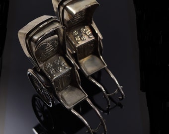 Vintage Japanese Novelty Sterling Silver Rickshaw Carriage Miniature Salt & Pepper
