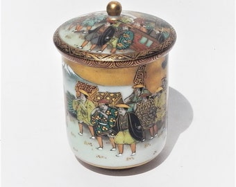 Taza de té de boda Satsuma de porcelana japonesa antigua con tapa caligrafía poesía firmada