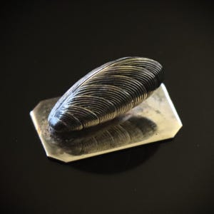 May include: A silver, feather-shaped, decorative object on a rectangular base.