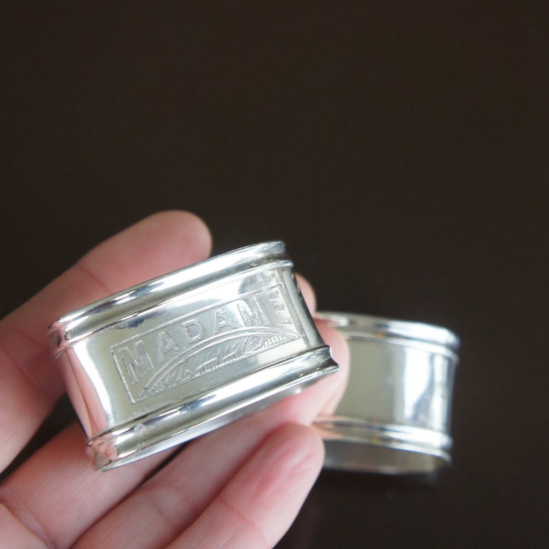 Vintage Art Deco style French Silver Plate Napkin Ring Pair Madame Monsieur