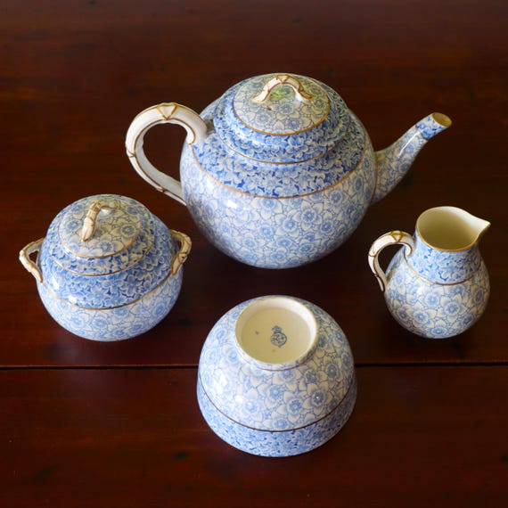 Antique Royal Worcester 1883 Blue and White Floral Tea Set on