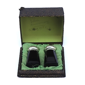 Vintage Late Deco Black Bakelite Sterling Silver Salt Pepper Set Original Box