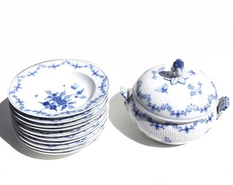 Cuenco para sopa con borde de mariposa azul y blanco de la realeza alemana de Berlín, c1850