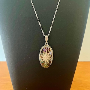 Cannabis Leaf Sterling Silver and Abalone Necklace Pendant Mexican Abalone Inlay Vintage Marked Signed