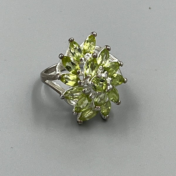 Sterling Cocktail Ring Green Peridot Cluster Marked 925 Silver Bold Dramatic Estate Size 6