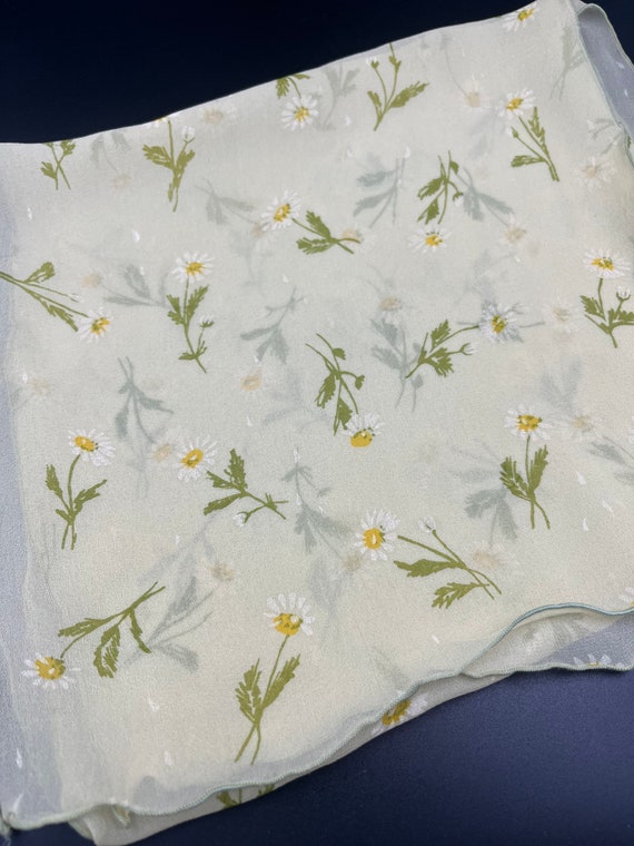 Vintage Sik Scarf Chiffon Daisies Pale Yellow Gre… - image 1