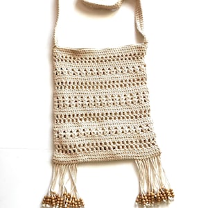 Large 70's Macrame Crochet Crossbody Bag Off White Made People's Republic of China Fringe Wood Beads Boho Cotton Linen Vintage Zip Close