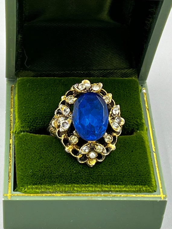 Vintage Bold Cocktail Ring Blue Stone Rhinestone … - image 1