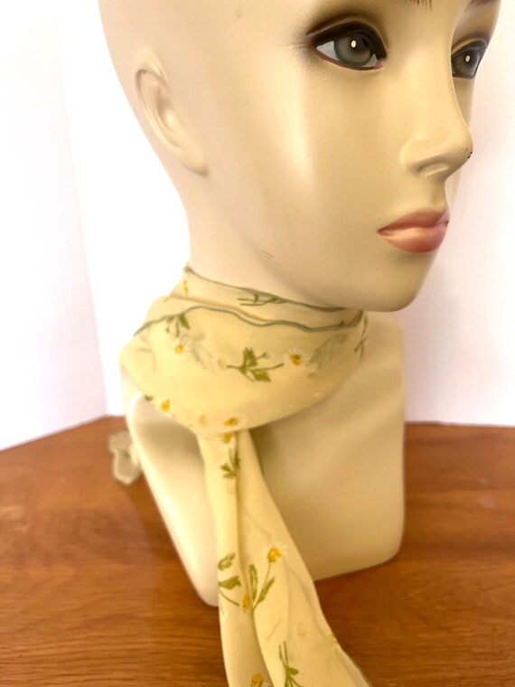 Vintage Sik Scarf Chiffon Daisies Pale Yellow Gre… - image 2